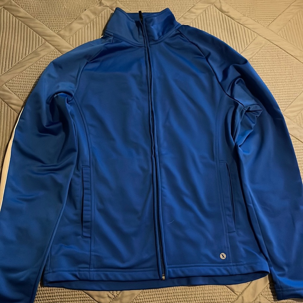 Small Blue Quick Dri Jacket w White Stripes on the sleeves